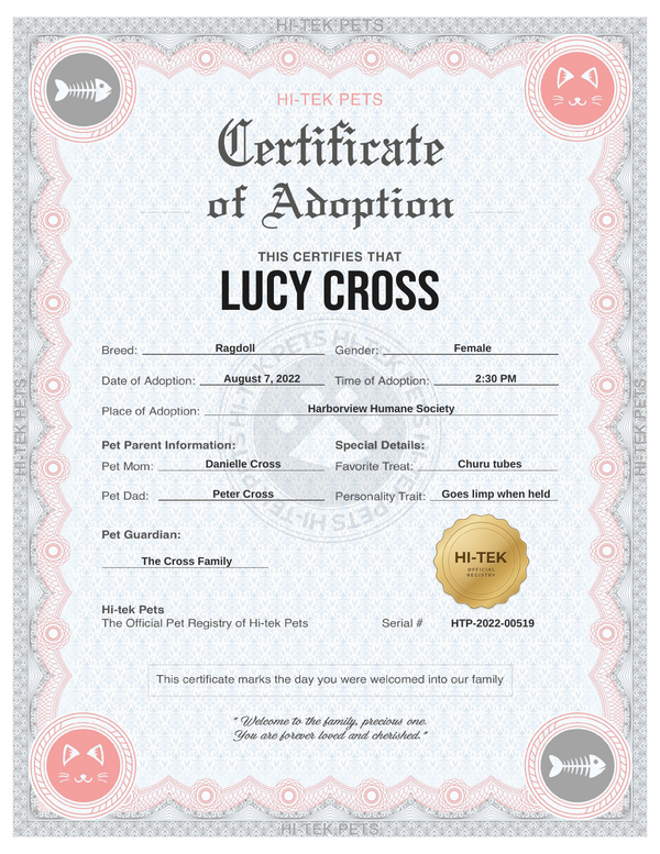 Coral Classic cat adoption certificate, personalized for Lucy