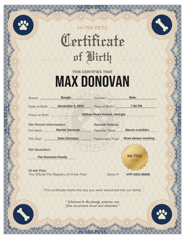 Heritage Navy dog birth certificate, personalized for Max