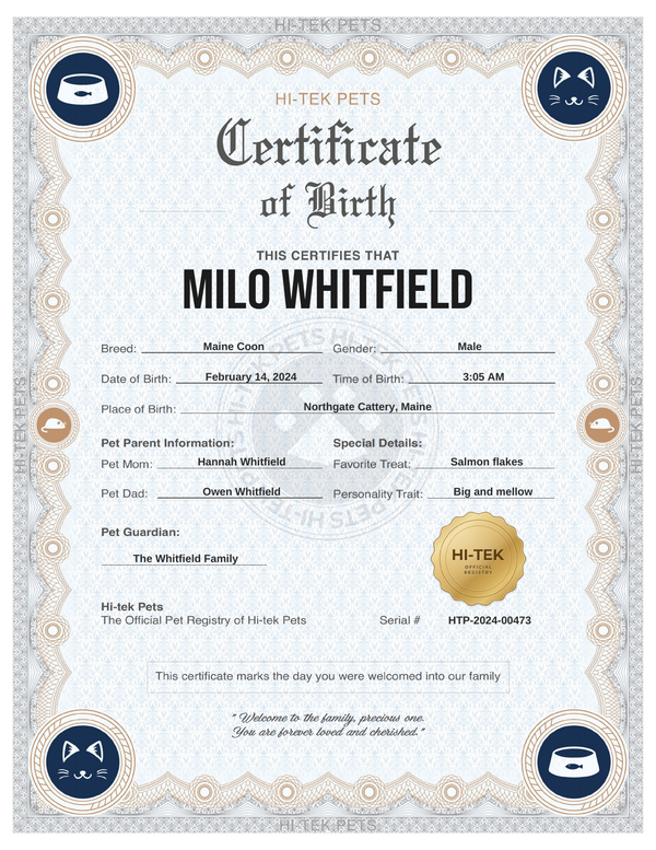 Navy Elegance cat birth certificate, personalized for Milo