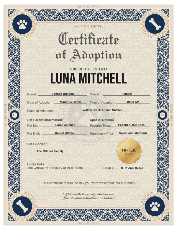 Royal Damask dog adoption certificate, personalized for Luna