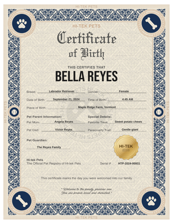 Royal Damask dog birth certificate, personalized for Bella