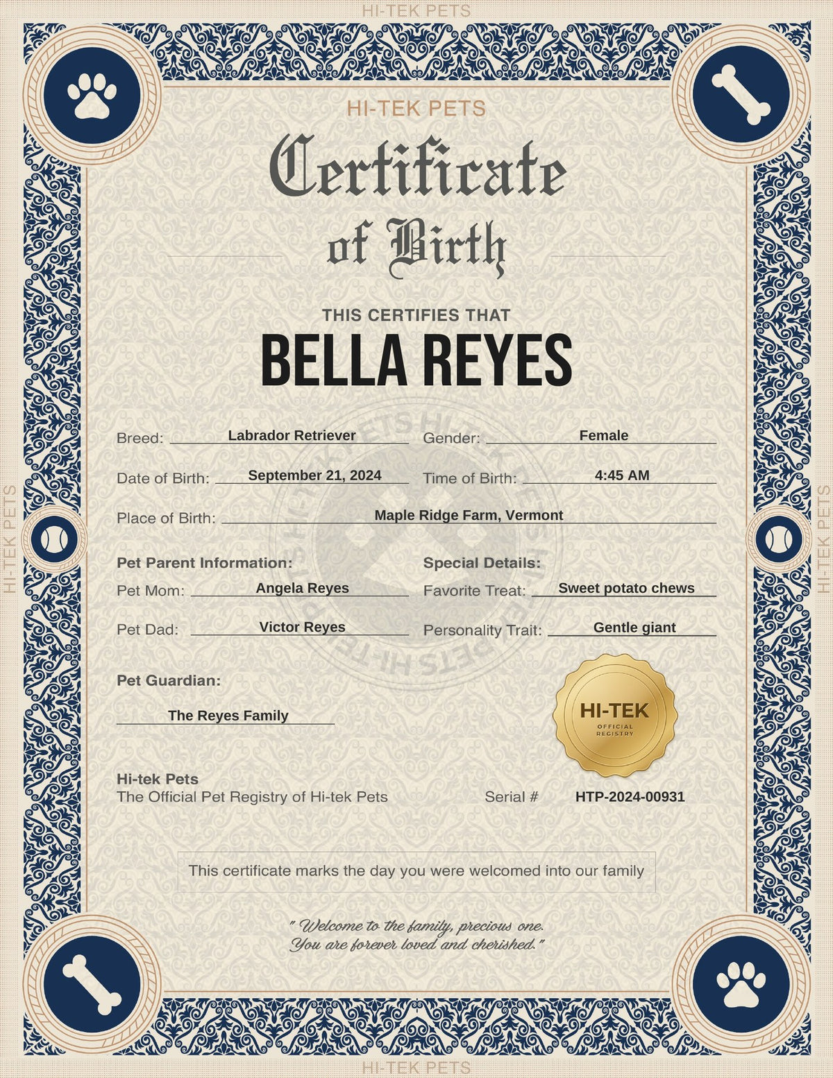 Bella’s birth certificate — Royal Damask design