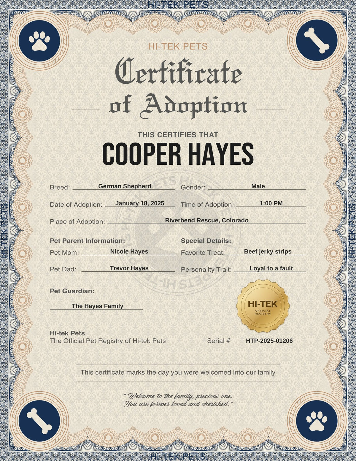 Cooper’s adoption certificate — Heritage Navy design
