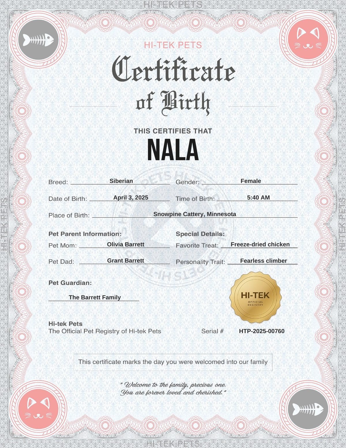 Nala’s birth certificate — Coral Classic design