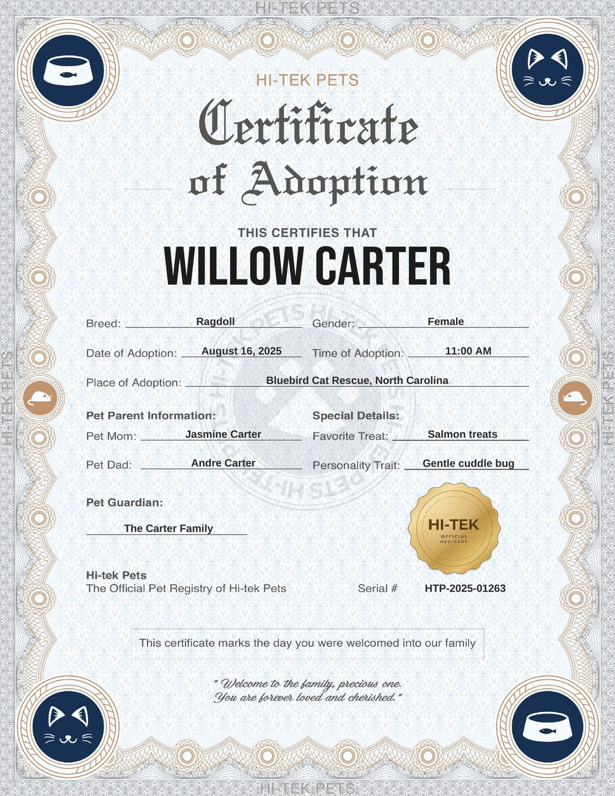 Willow’s adoption certificate — Navy Elegance design